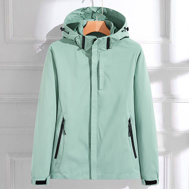 Women's Rain Jacket – Water-Repellent – Adjustable Hood – Zipper Pockets – Hip Length