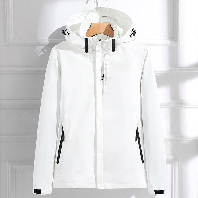 Women's Rain Jacket – Water-Repellent – Adjustable Hood – Zipper Pockets – Hip Length