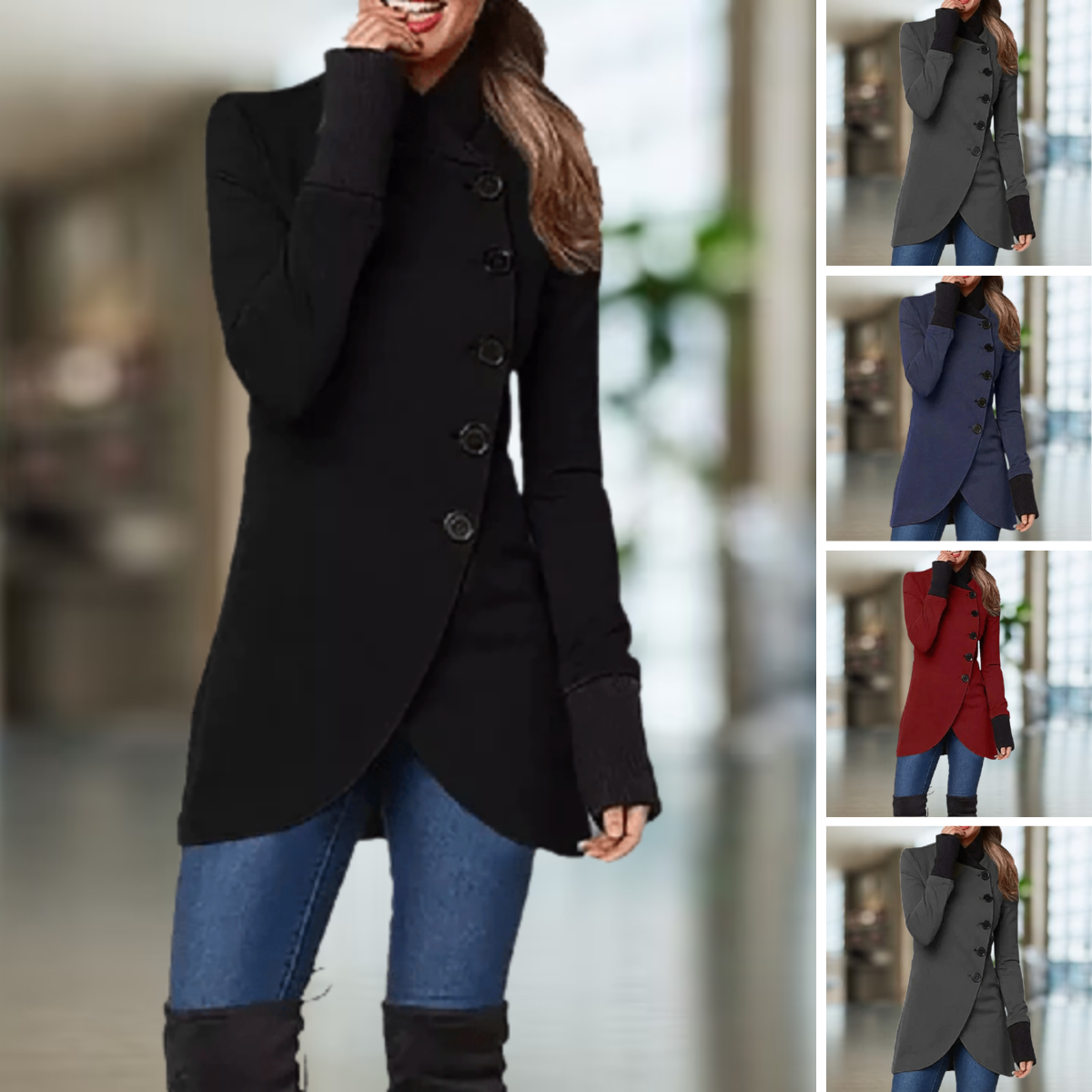 Women's Coat - Wool Blend - High Collar - Buttons - Asymmetric Cut - Elegant Fit