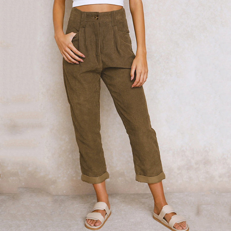 Women's Pants with High Waist – Relaxed Fit – Soft Ribbed Texture – With Pleats