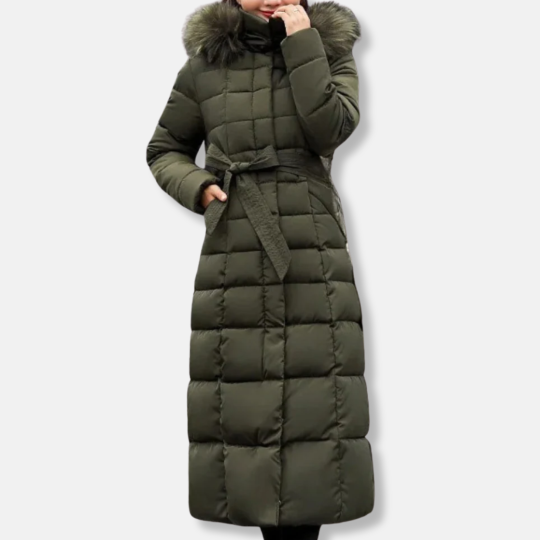Women's Coat – Quilted and Insulated – Belt at the Waist – Lined Hood – Long Model