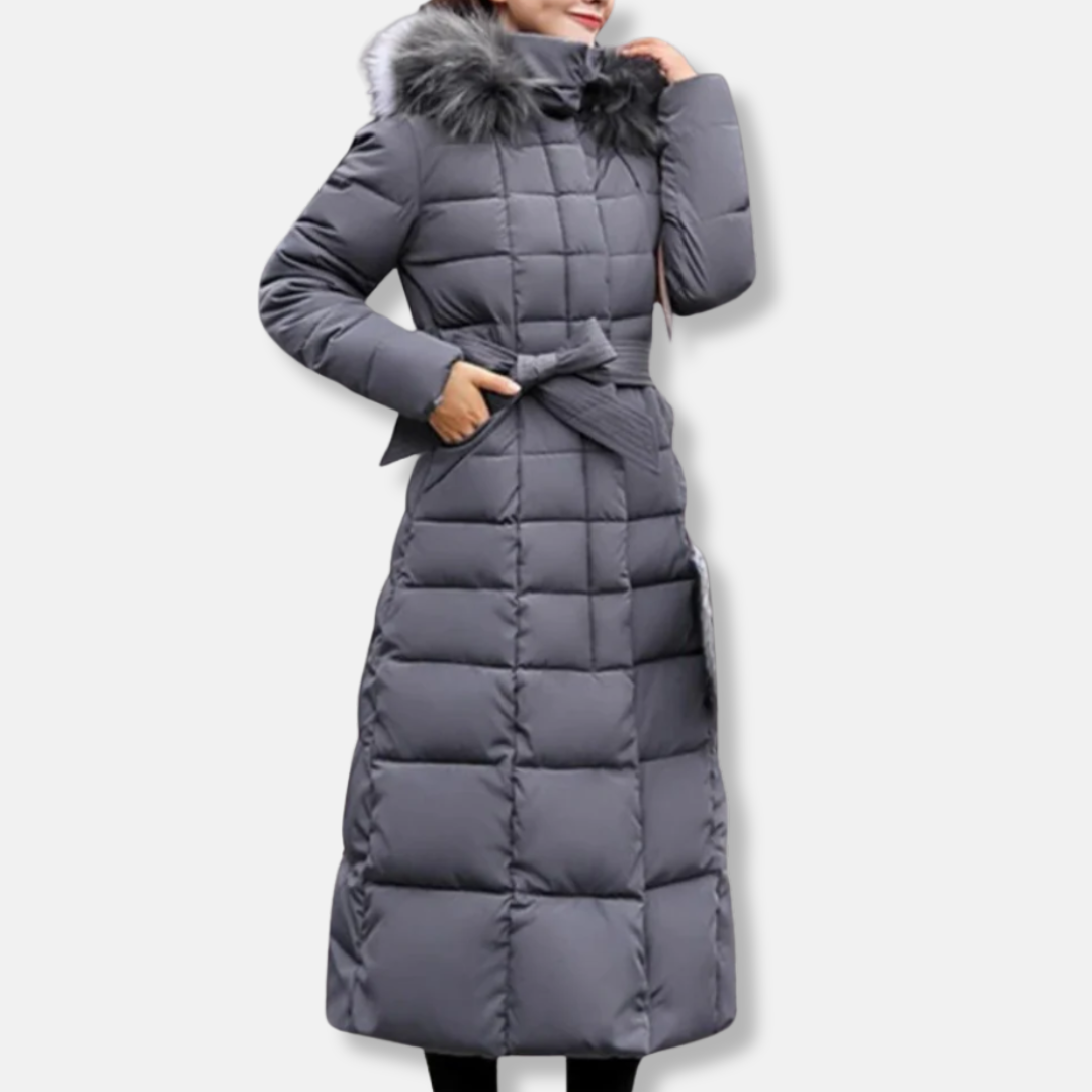 Women's Coat – Quilted and Insulated – Belt at the Waist – Lined Hood – Long Model