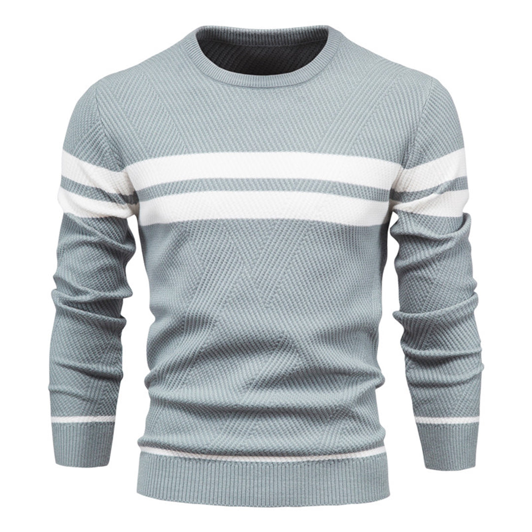 Men's Sweater – Slim Fit – Knitted Cotton – Ribbed Knit – Geometric Pattern – Round Neck