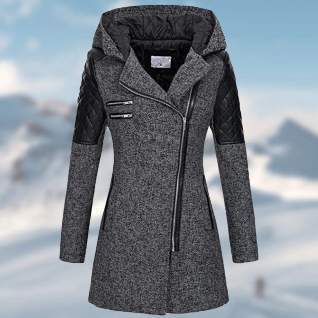 Women's Coat – Tailored Fit – Wool Blend – Quilted Panels – Hood – Zipper Details