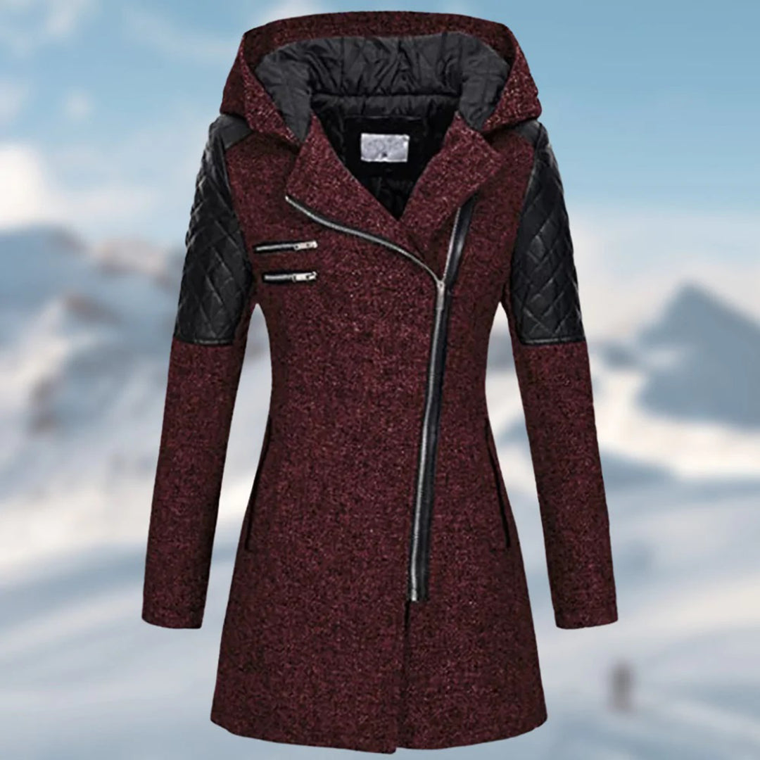 Women's Coat – Tailored Fit – Wool Blend – Quilted Panels – Hood – Zipper Details