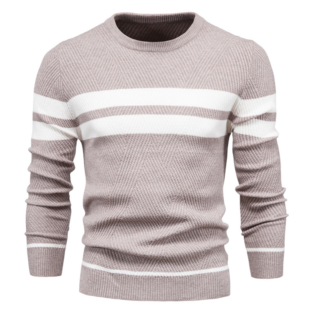 Men's Sweater – Slim Fit – Knitted Cotton – Ribbed Knit – Geometric Pattern – Round Neck