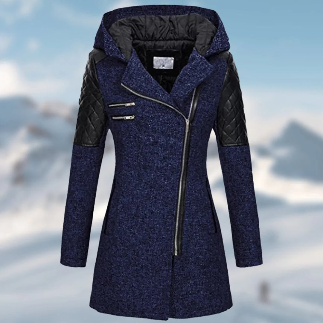 Women's Coat – Tailored Fit – Wool Blend – Quilted Panels – Hood – Zipper Details