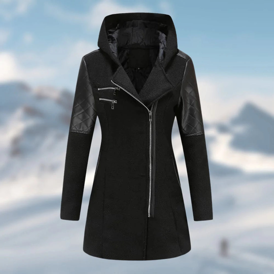 Women's Coat – Tailored Fit – Wool Blend – Quilted Panels – Hood – Zipper Details