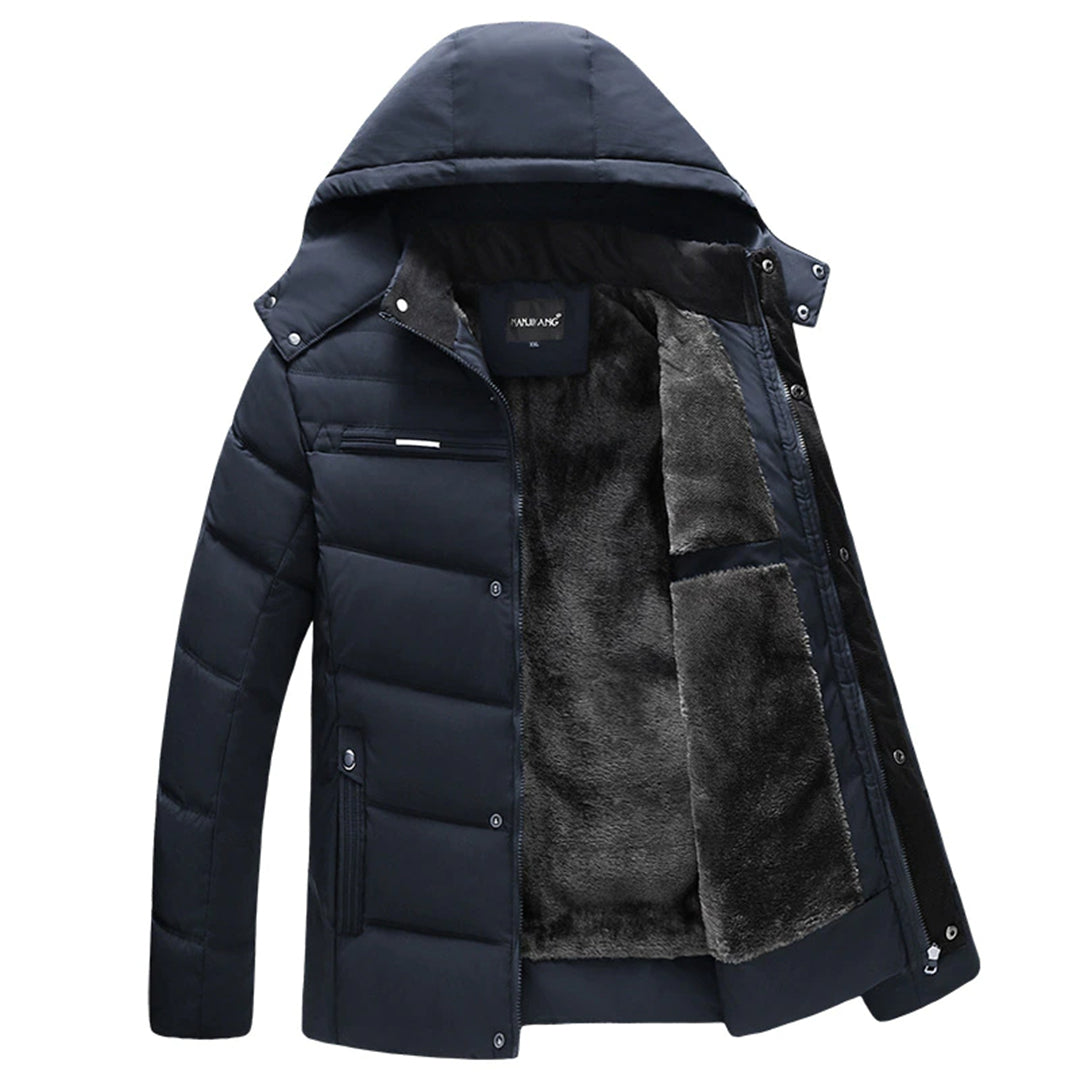 Men's Jacket – Padded – Windproof – Faux Fur Lined – Hood – Zipper and Snap Button