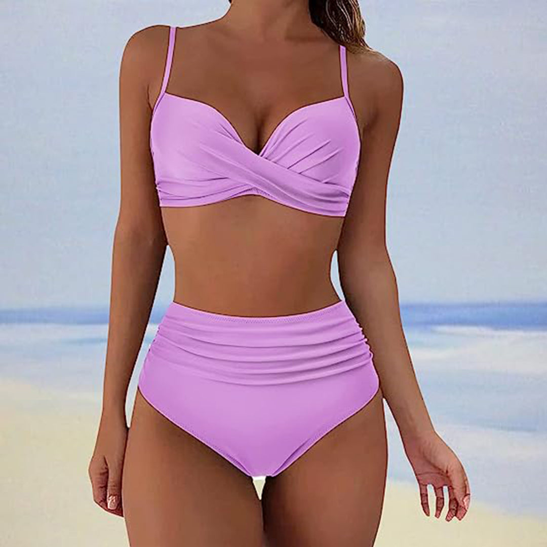 Dame Bikini - Høyt Liv og Rynket Detalj - Twist Front - Justerbare Stropper