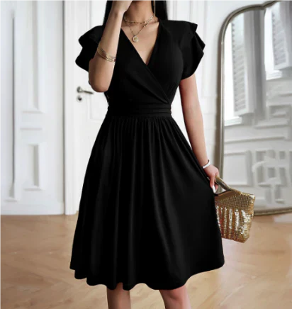 Dress women midi – wrap top – airy sleeves – wide A-line fit