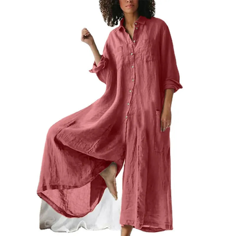 Women's Jumpsuit – Oversized Fit – Breathable Fabric – Full Length – Button Front