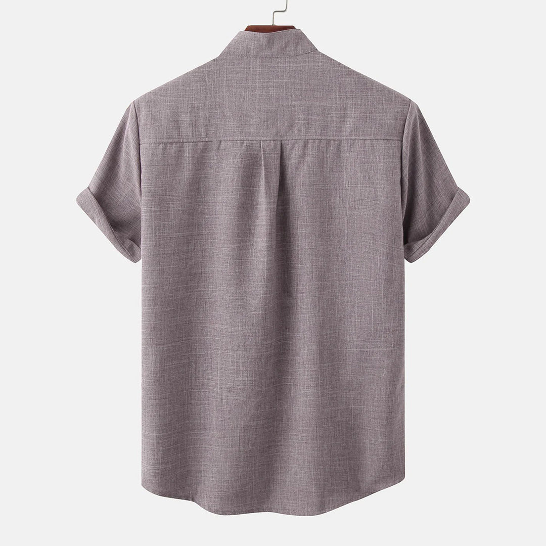 Men's Shirt - Linen Blend - Relaxed Fit - Short Sleeves - Mandarin Collar