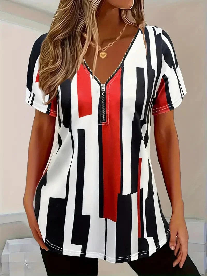 Women's Blouse - V-neck with Zipper - Loose Fit - Short-sleeved Patterned Casual