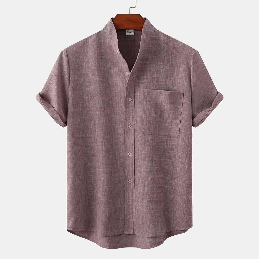 Men's Shirt - Linen Blend - Relaxed Fit - Short Sleeves - Mandarin Collar