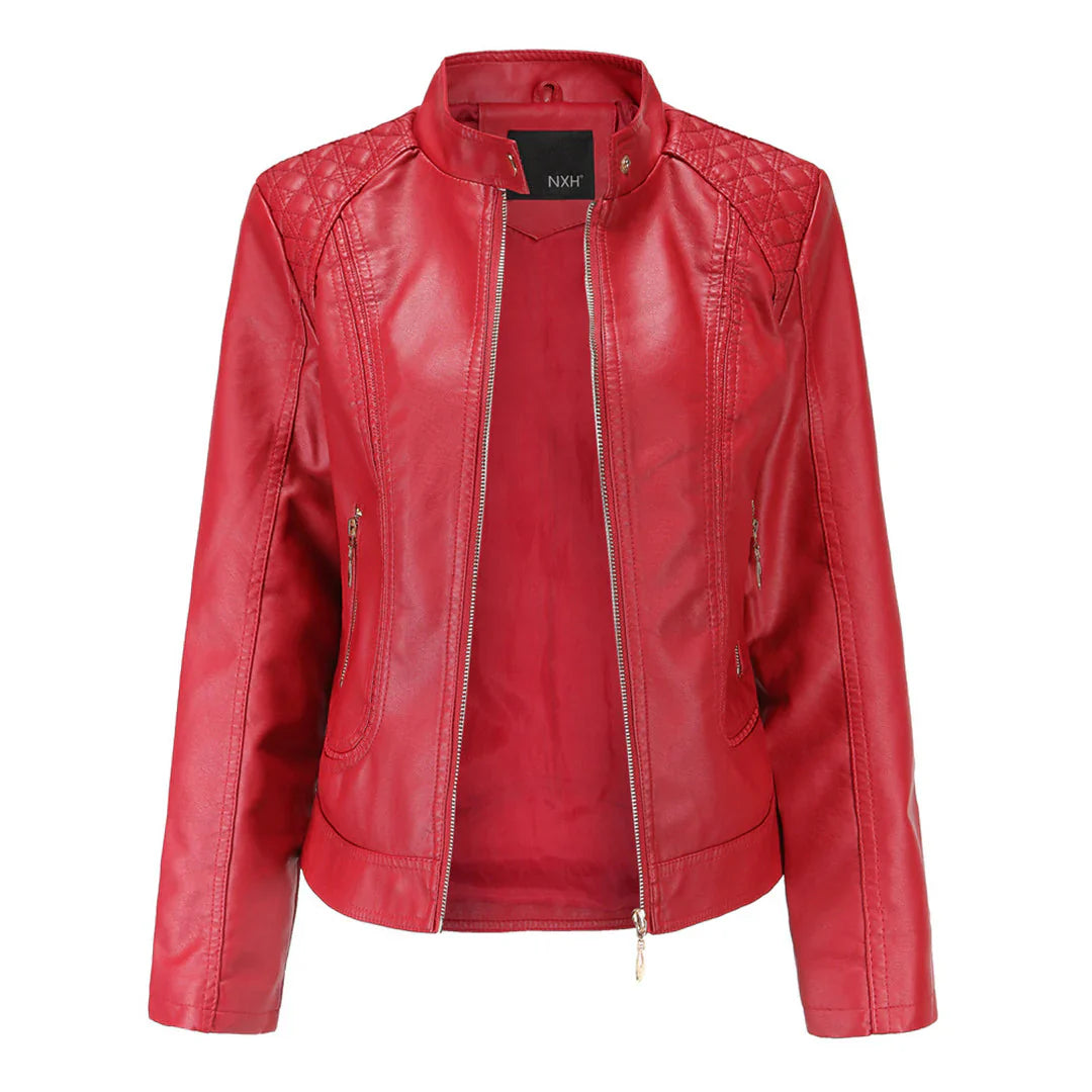 Women's Leather Jacket – Slim Fit – Quilted Shoulders – Stand Collar – Zipper Pockets
