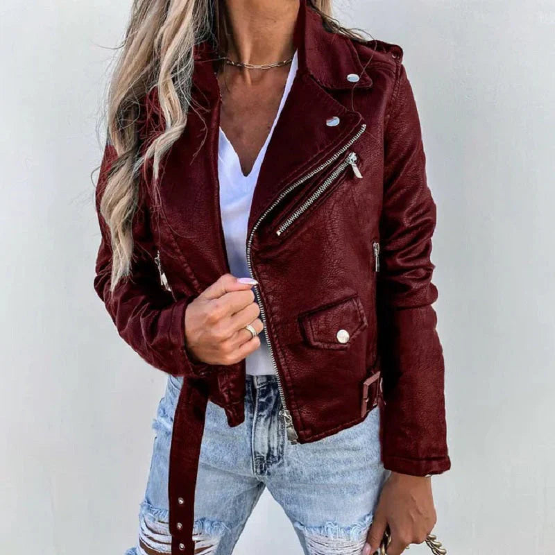 Women's Biker Jacket – Tailored Fit – Leather Look – Asymmetrical Zipper – Belt