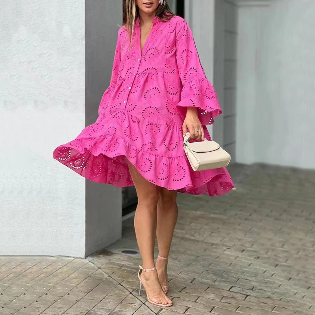 Women's Dress – Airy Cotton – Embroidered Eyelet Pattern – V-neck – Long Flowing Sleeves