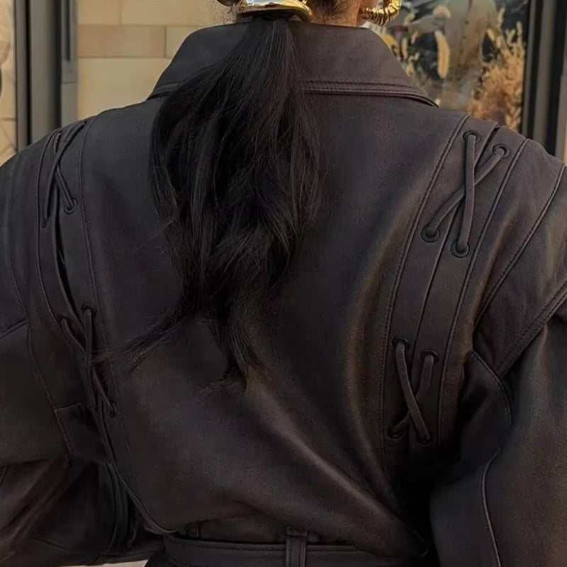 Women's Leather Jacket - Wrap Design - Belted Waist - Structured Shoulders - Lace-up Details
