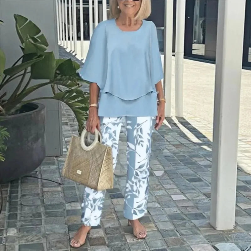 Women's Set with Top and Pants – Airy Fit – Straight Leg – Leaf Print