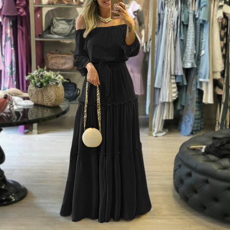 Women Maxi Dress - Off-Shoulder - Long Sleeves - Elastic Waist - Flowing Fit