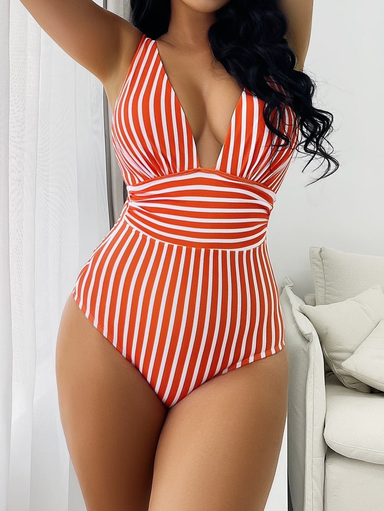 Swimsuit for Women – Figure-Hugging Fit – Deep V-Neck – Striped Design – Elastic Fabric
