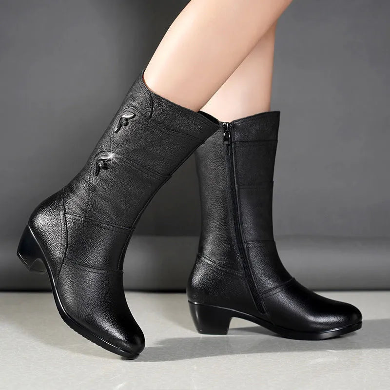 Women's Boots – Leather – Mid-Calf – Zipper – Comfortable Sole – Elegant Design