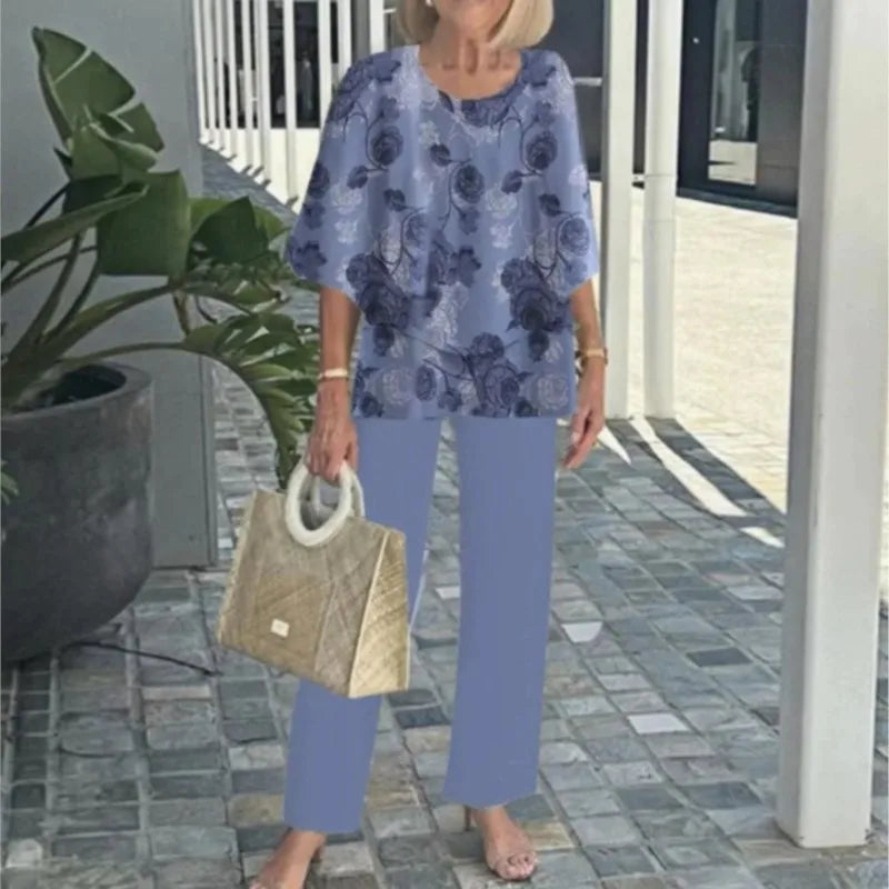 Women's Set with Top and Pants – Airy Fit – Straight Leg – Leaf Print