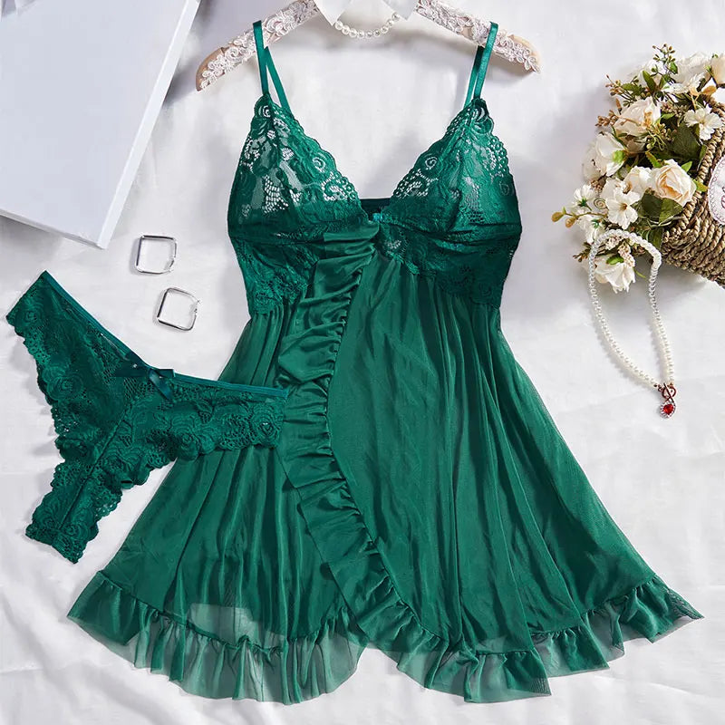 Women's Nightgown Set – Slim Fit – Lace V-Neck – Semi-Transparent – Ruffle Hem