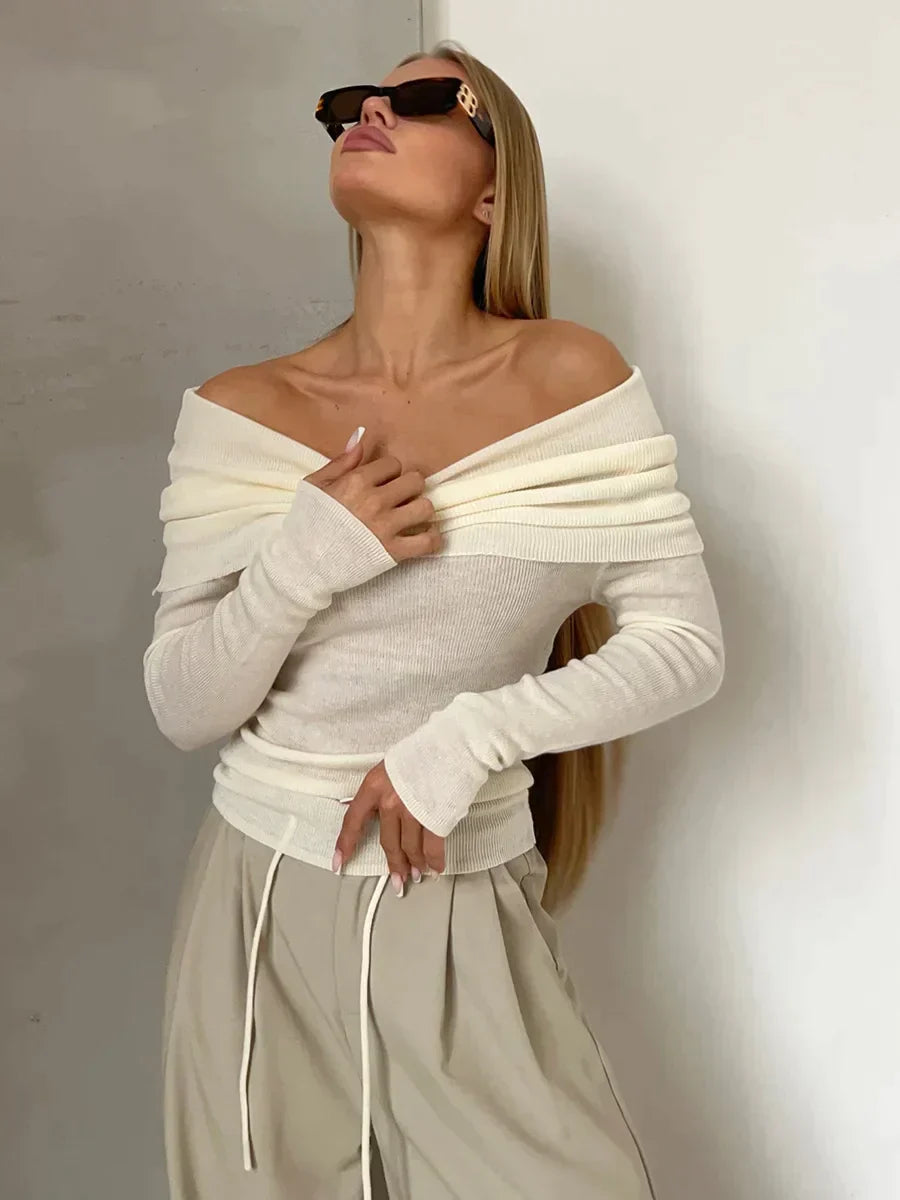 Women's Sweater – Off-Shoulder – Ribbed Knit – Slim Fit – Long Sleeves