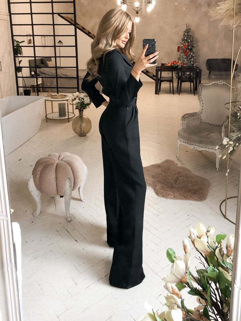 Women's Jumpsuit – Slim Fit – Wrap Bodice – Long Sleeves – Wide Legs – Luxurious Fabric