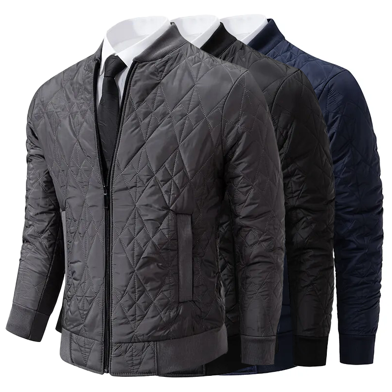 Men's Bomber Jacket - Padded and Warm - Diamond Quilted - Ribbed Collar