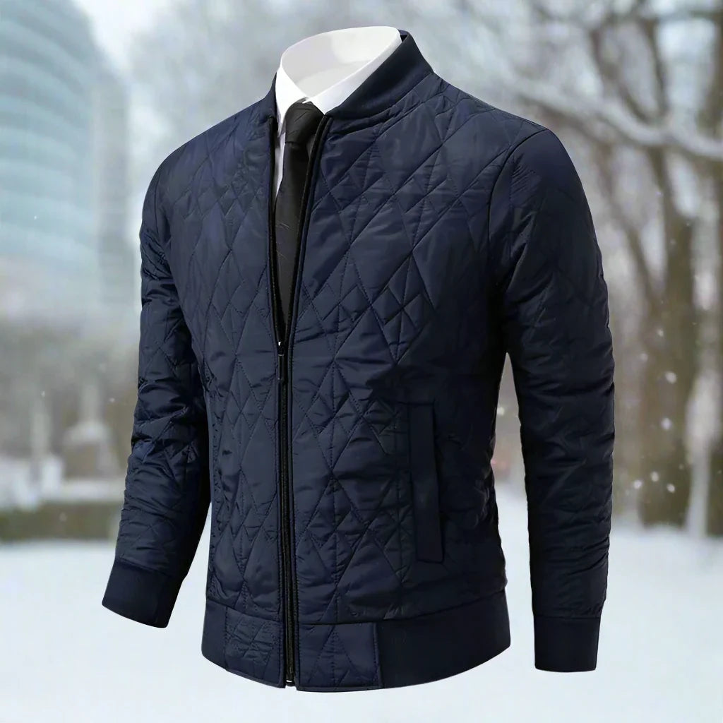 Men's Bomber Jacket - Padded and Warm - Diamond Quilted - Ribbed Collar
