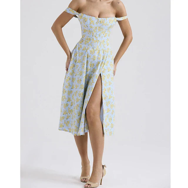 Dress for Women – Midi Length – Fitted Bodice – Floral Print – Side Slit