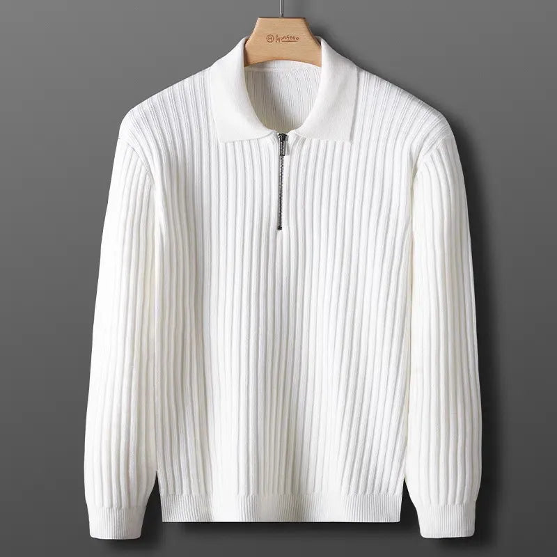 Men's Sweater – Wool – Half Zipper – Ribbed Knit – Polo Collar – Regular Fit