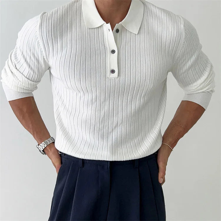 Men's Polo Shirt - Ribbed Knit - Long Sleeve - Comfortable and Stylish