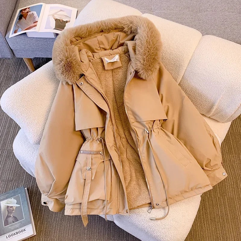 Women’s Coat - Woven Blend - Mid-Length - Adjustable Waist - Faux Fur Trim Hood