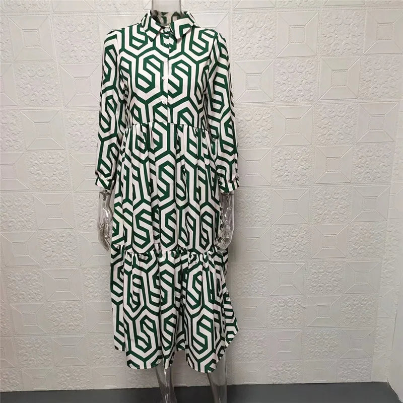 Women's Dress with Long Sleeves – Relaxed Fit – Tiered Cut – Geometric Pattern – Breathable Fabric
