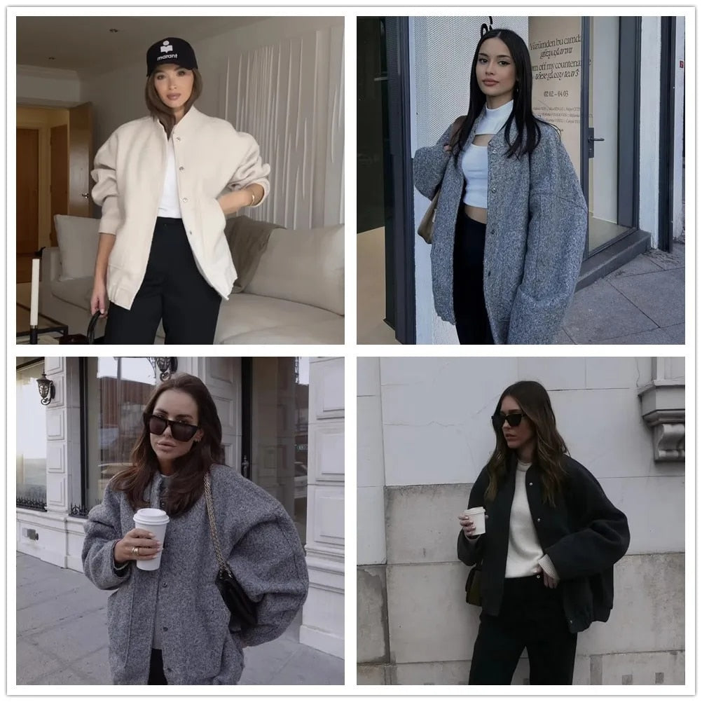 Women's Bomber Jacket – Oversized Fit – Soft Fleece – Snap Button Closure – Pockets