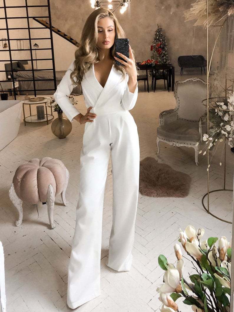 Women's Jumpsuit – Slim Fit – Wrap Bodice – Long Sleeves – Wide Legs – Luxurious Fabric