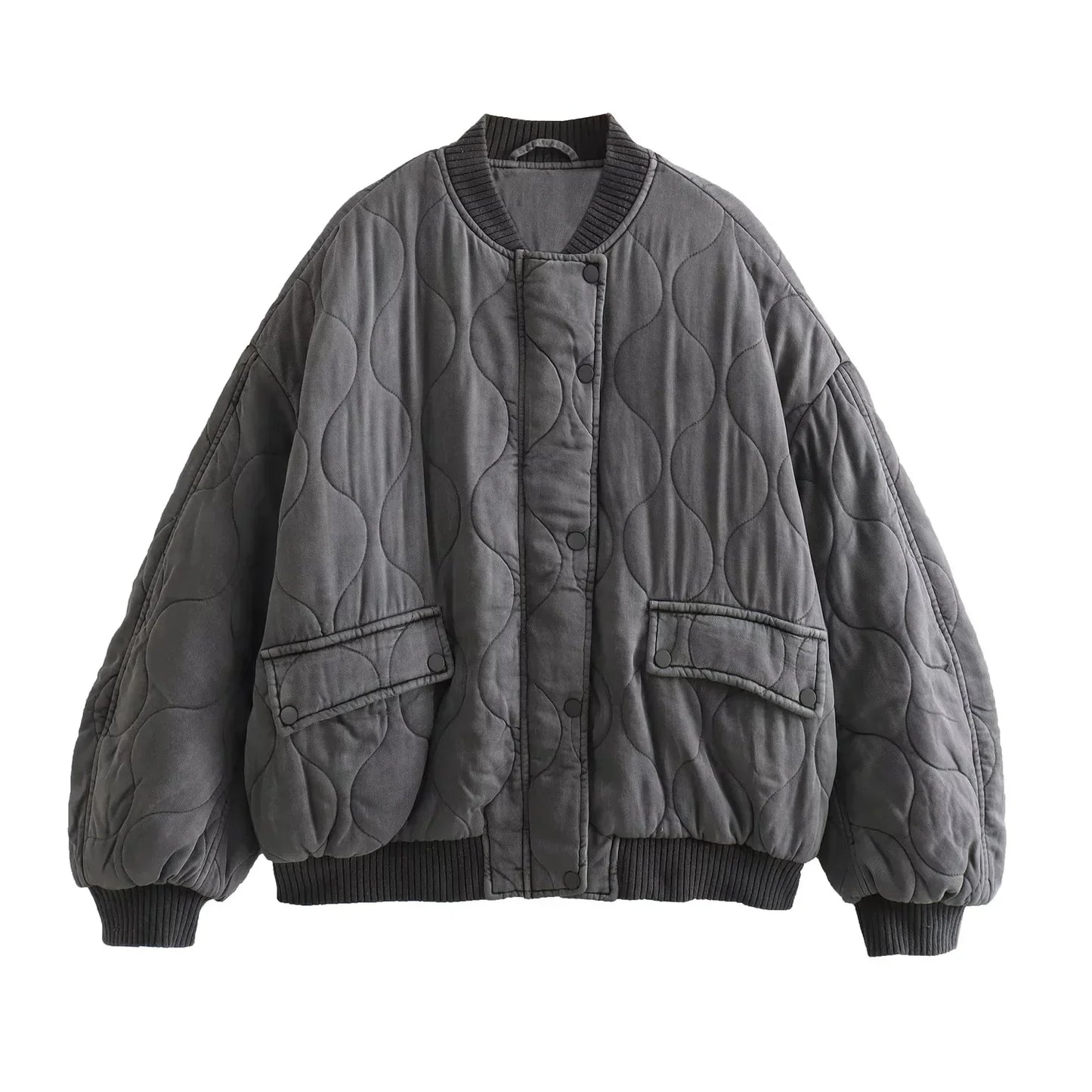 Women's Bomber Jacket - Quilted Fabric - Oversized Fit - Zipper Closure - Ribbed Edges