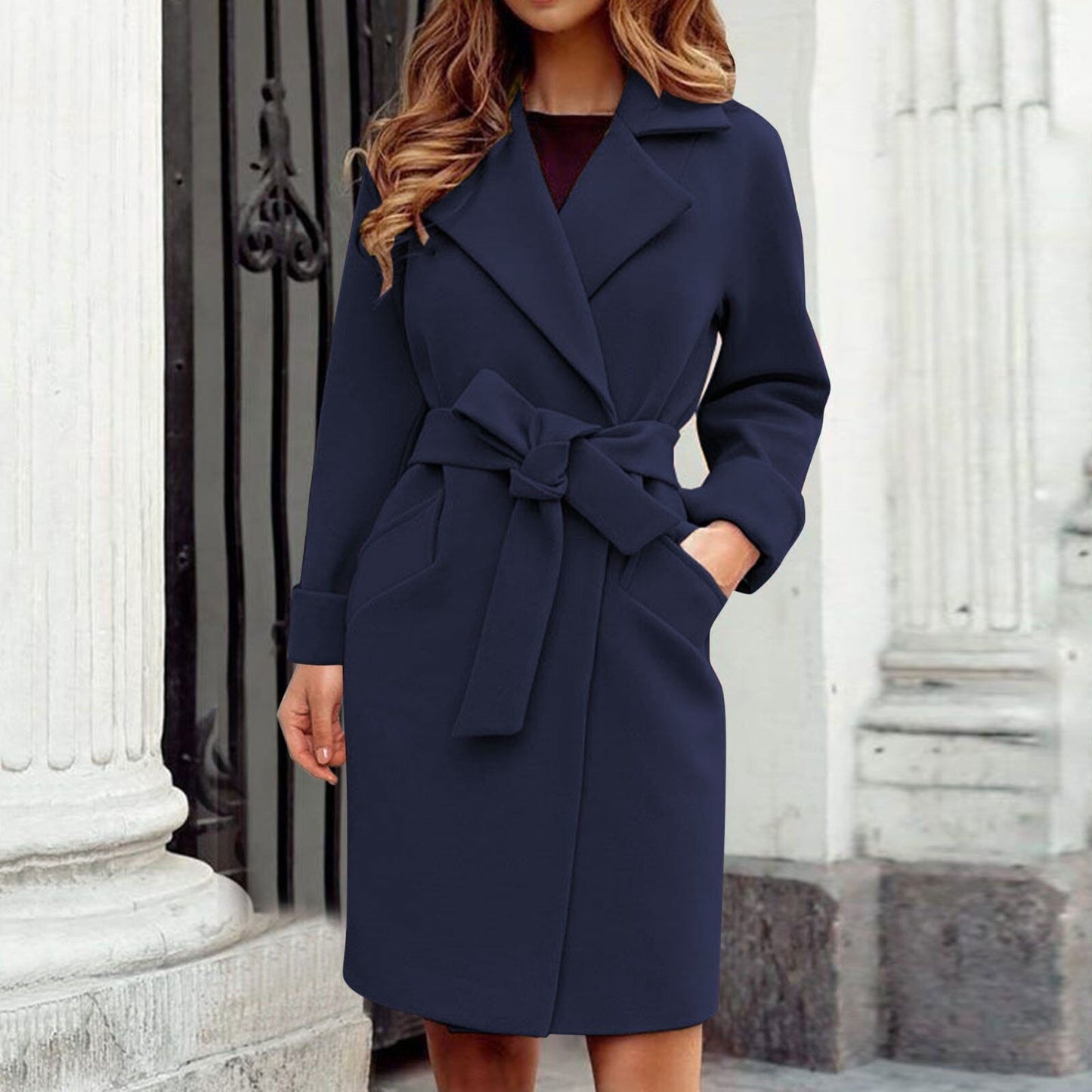 Kåpe for Kvinner - Klassisk Wrap Stil - Knelang - Notch Krage - Belte Midje