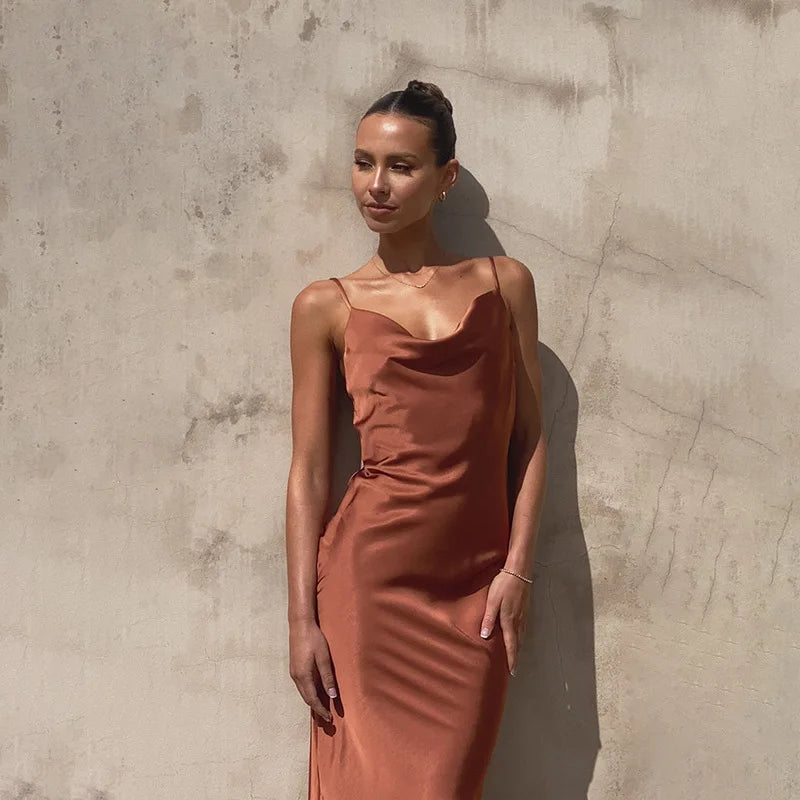 Dress for Women – Satin Maxi Dress – Tight Fit – Sleeveless with Draping