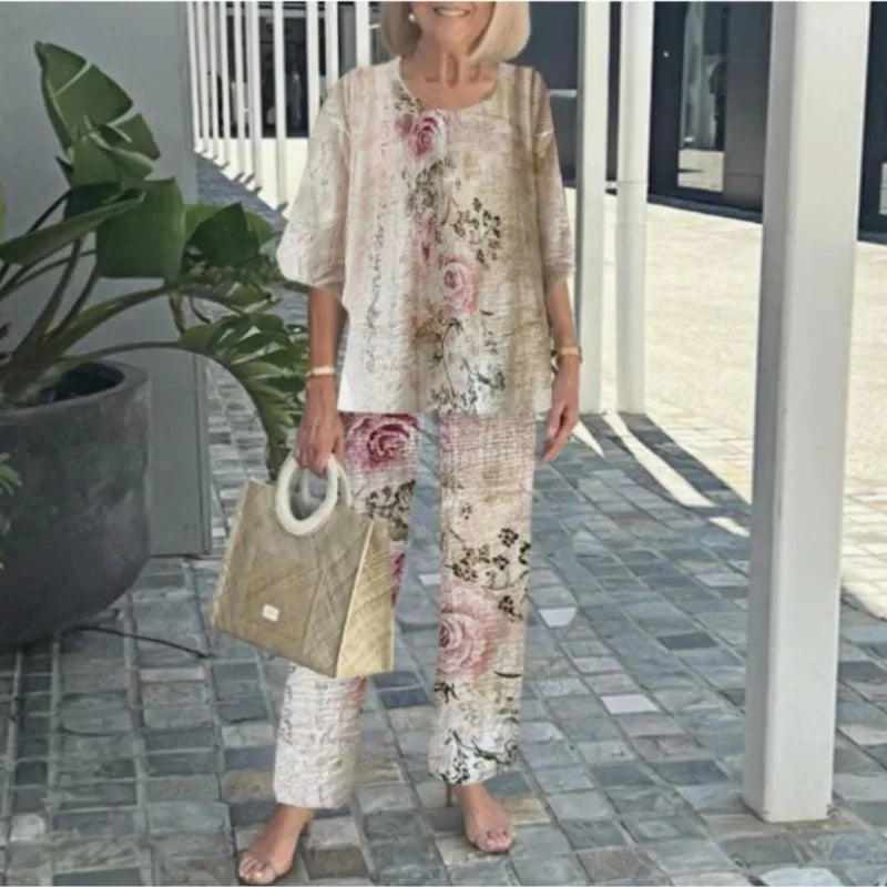 Women's Set with Top and Pants – Airy Fit – Straight Leg – Leaf Print
