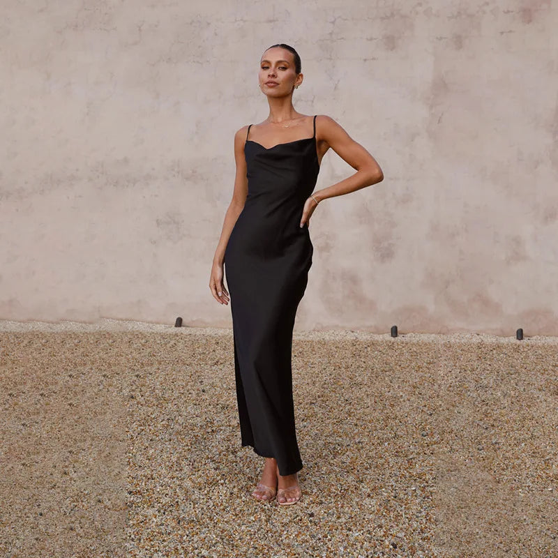 Dress for Women – Satin Maxi Dress – Tight Fit – Sleeveless with Draping