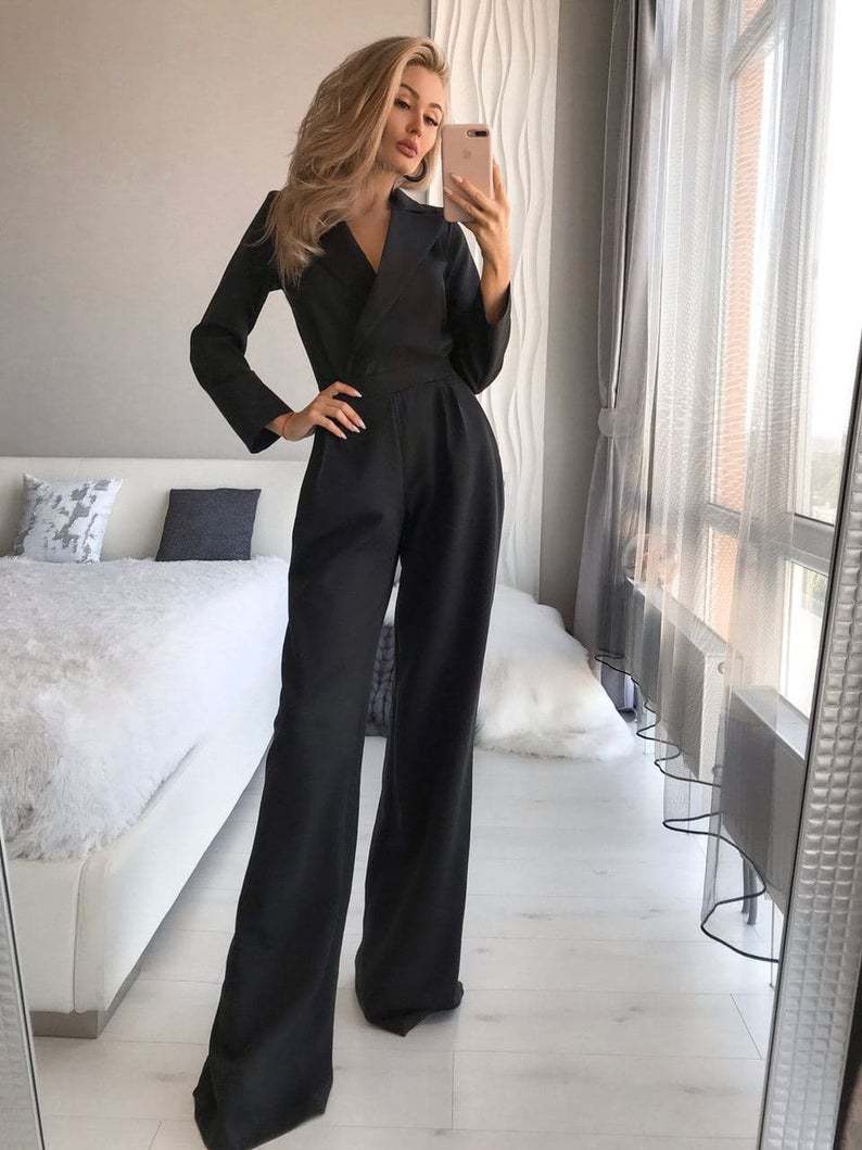 Women's Jumpsuit – Slim Fit – Wrap Bodice – Long Sleeves – Wide Legs – Luxurious Fabric