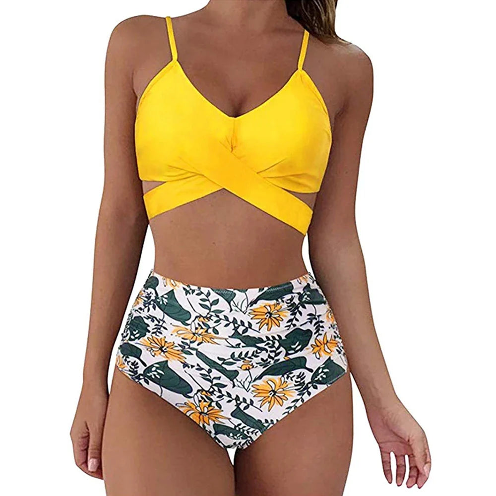 Women's Bikini Set – Cross-Front Top – High-Waisted Ruched Bottom – Soft Stretch