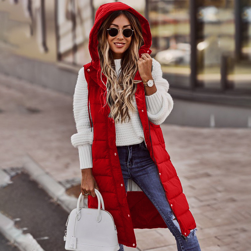 Women's Vest with Hood – Padded – Long Fit – Relaxed Cut – Snap Buttons