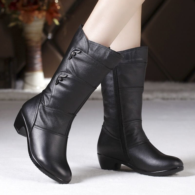Women's Boots – Leather – Mid-Calf – Zipper – Comfortable Sole – Elegant Design