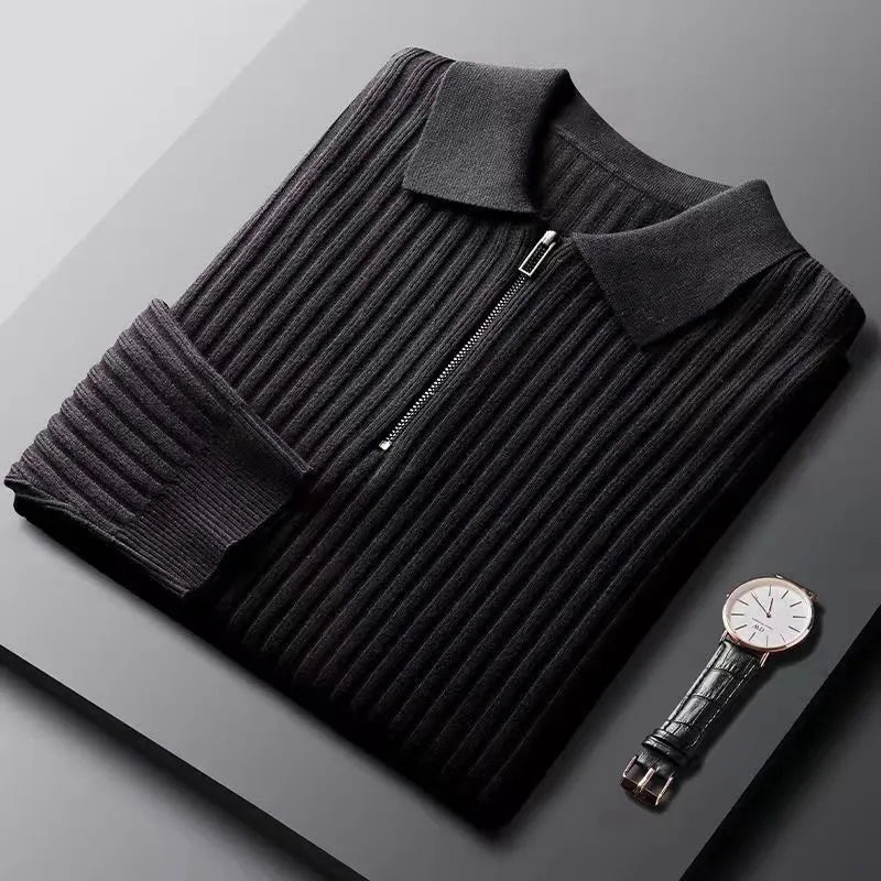 Men's Sweater – Wool – Half Zipper – Ribbed Knit – Polo Collar – Regular Fit